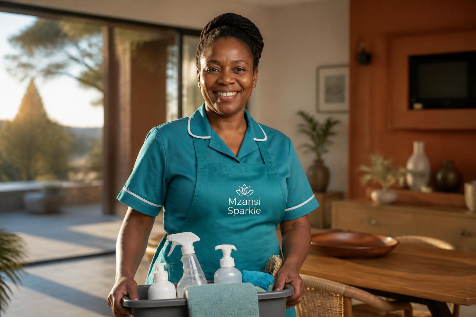 Nomsa with her cleaning caddy